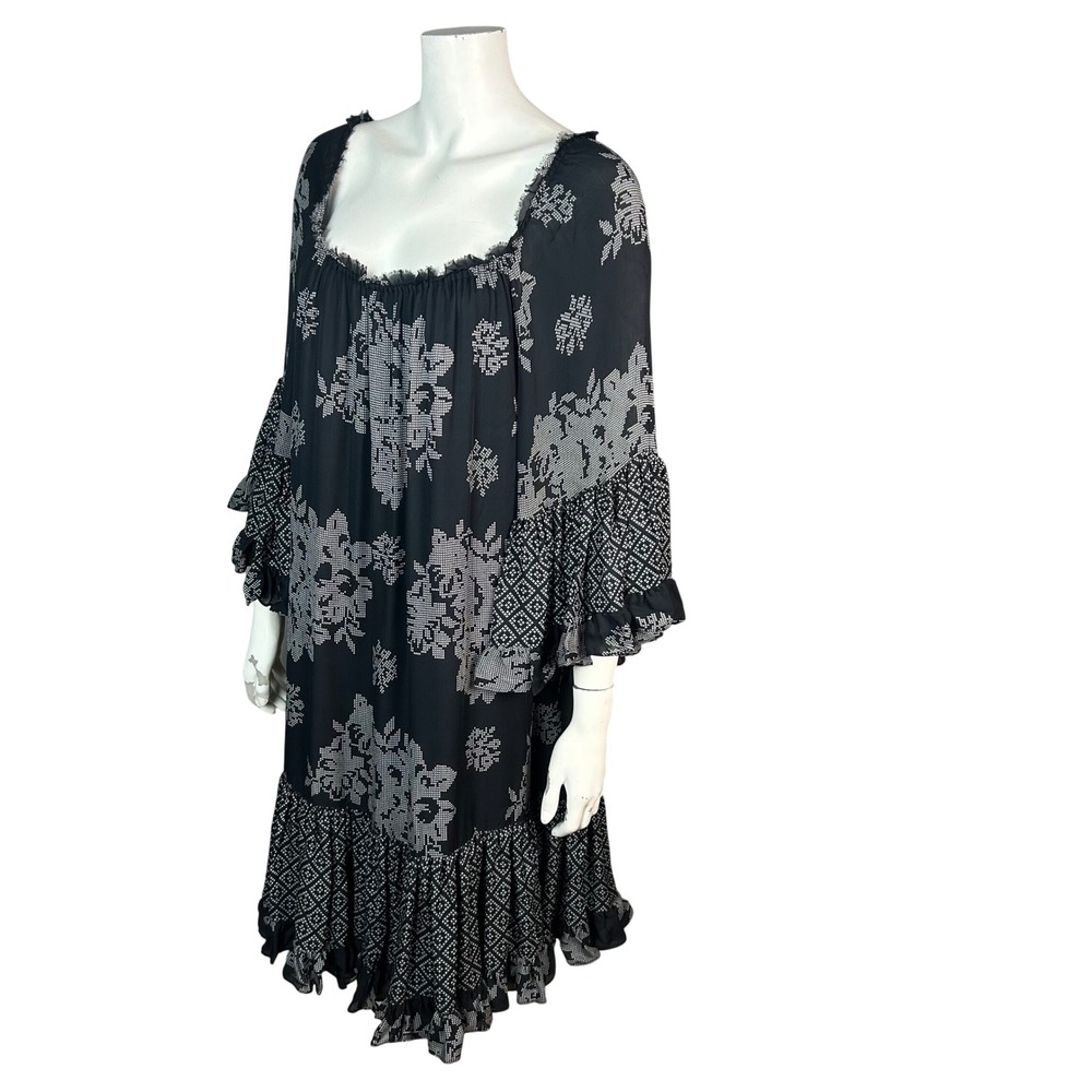 Kobi Halperin Boho Relaxed Midi Dress Large Floral Silk Ruffle
